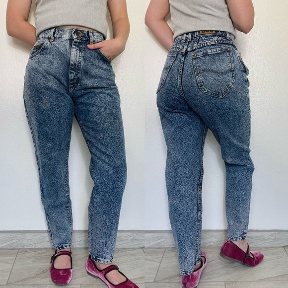 Lee | Vintage 80s 90s Curvy Petite High-Waist Acid-Washed Tapered Mom Jeans - Picture 1 of 12
